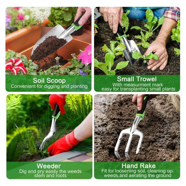 Alt view image 5 of 7 - Garden Tools Set, 8 Piece Gardening Tools Set with Non Slip Ergonomic Handle, Heavy Duty Garden Tool Set with Storage Bag, Gardening Kit for Women, Garden Hand Tools Gift, Green