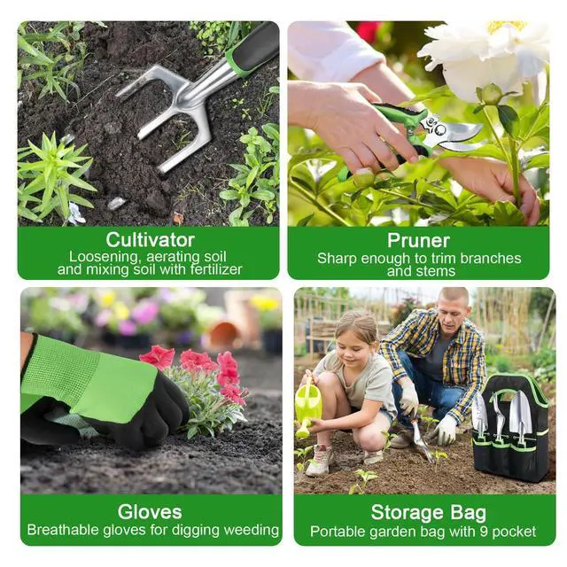 Alt view image 6 of 7 - Garden Tools Set, 8 Piece Gardening Tools Set with Non Slip Ergonomic Handle, Heavy Duty Garden Tool Set with Storage Bag, Gardening Kit for Women, Garden Hand Tools Gift, Green