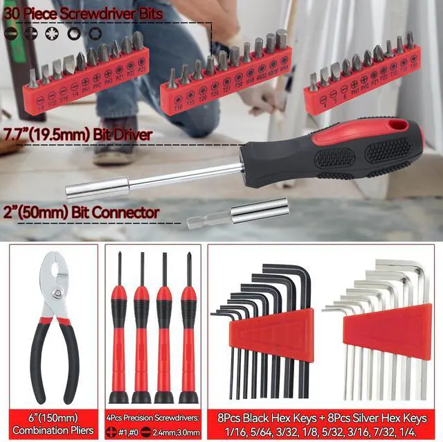 Alt view image 3 of 7 - 58-Piece Household Tool Set, Red Hand Kit with Storage Case