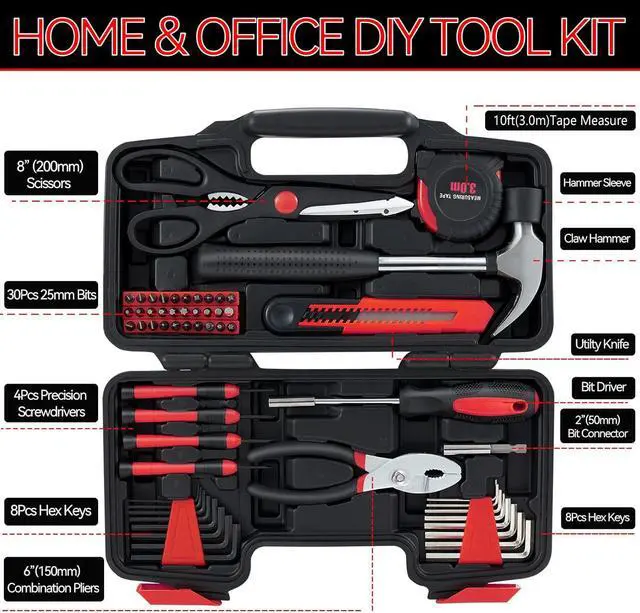 Alt view image 2 of 7 - 58-Piece Household Tool Set, Red Hand Kit with Storage Case