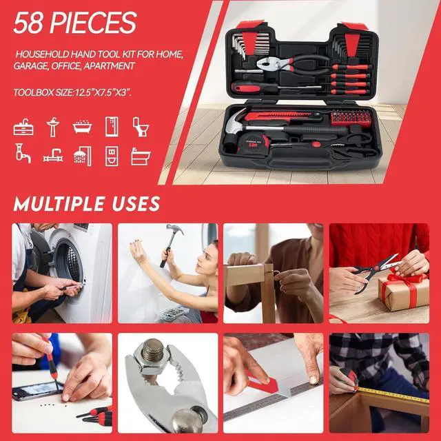 Alt view image 6 of 7 - 58-Piece Household Tool Set, Red Hand Kit with Storage Case