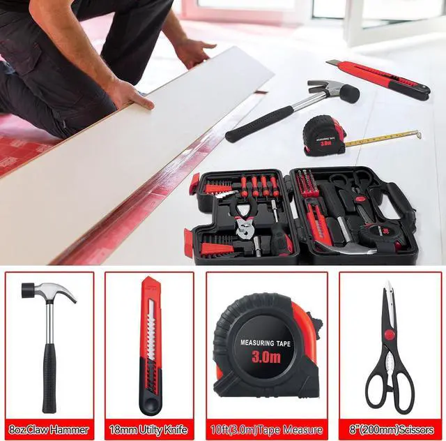 Alt view image 4 of 7 - 58-Piece Household Tool Set, Red Hand Kit with Storage Case