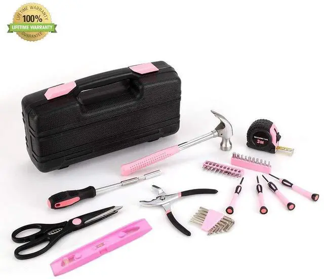Alt view image 3 of 5 - 39-Piece General Tool Set-Essential Household Hand Tool Kit with Portable Toolbox Storage CasePinkLevel Ruler