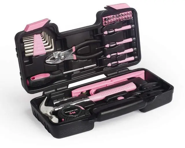 Alt view image 5 of 5 - 39-Piece General Tool Set-Essential Household Hand Tool Kit with Portable Toolbox Storage CasePinkLevel Ruler