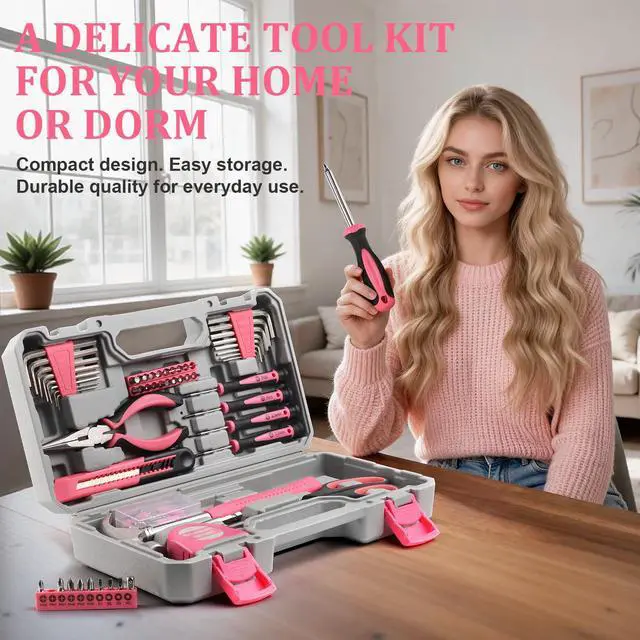 Alt view image 6 of 7 - 150-Piece Pink Color All-Purpose Household Tool Kit in Toolbox Storage Case, Perfect for Women, Ladies and Girls with General Home Repairs, DIY Project, Garage, Office and College Dormitory Use