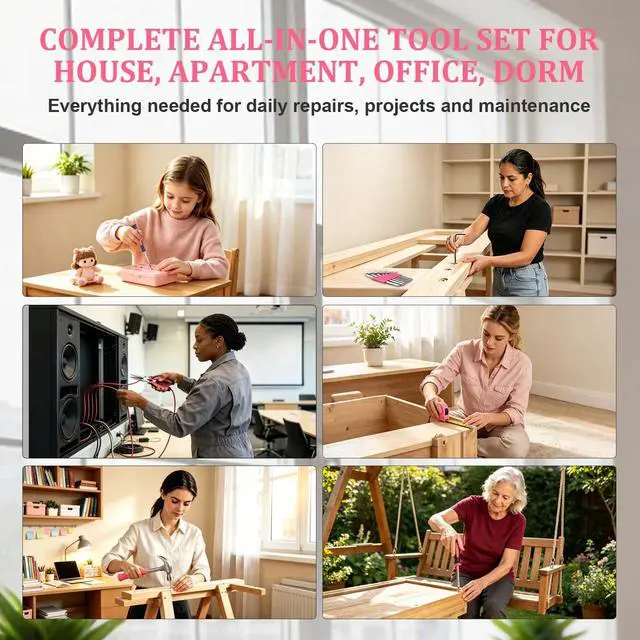 Alt view image 7 of 7 - 150-Piece Pink Color All-Purpose Household Tool Kit in Toolbox Storage Case, Perfect for Women, Ladies and Girls with General Home Repairs, DIY Project, Garage, Office and College Dormitory Use