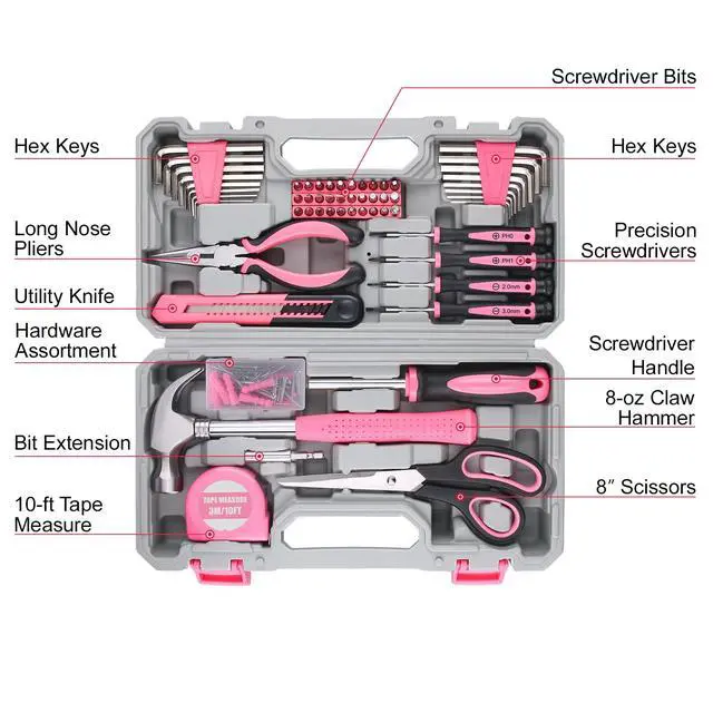 Alt view image 4 of 7 - 150-Piece Pink Color All-Purpose Household Tool Kit in Toolbox Storage Case, Perfect for Women, Ladies and Girls with General Home Repairs, DIY Project, Garage, Office and College Dormitory Use