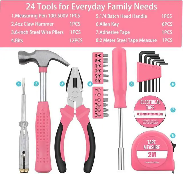 Alt view image 2 of 7 - 24Pcs Pink Women Portable Hand Tool Kit for Home DIY Repair