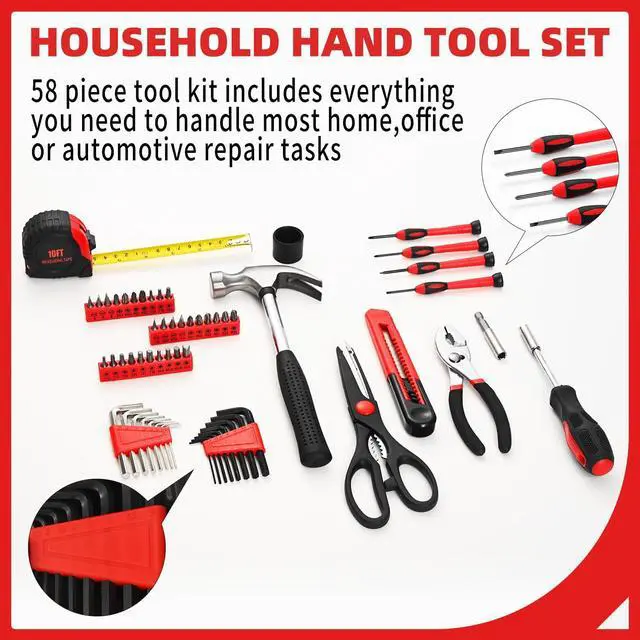 Alt view image 2 of 7 - 58-Piece Household Tool Set, Home Tool Kit with Storage Case, Red