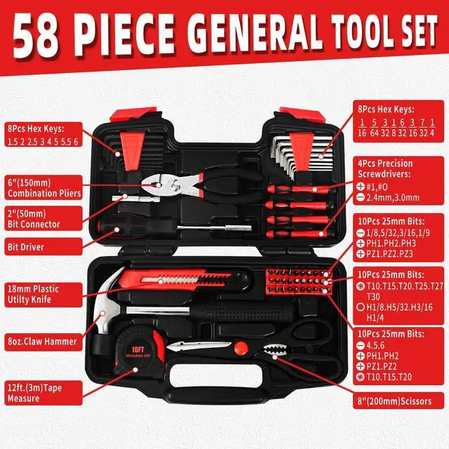 Alt view image 3 of 7 - 58-Piece Household Tool Set, Home Tool Kit with Storage Case, Red
