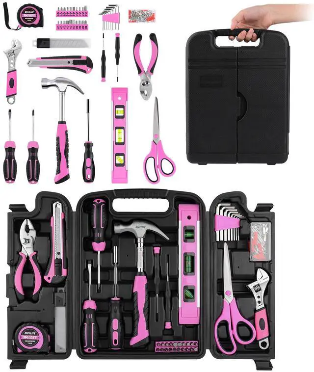 Alt view image 2 of 7 - Pink Tool Set -131 Piece Pink Tool sets for WomenGeneral Household Hand Tool Kit with Plastic Tool Box Storage Case(Pink)