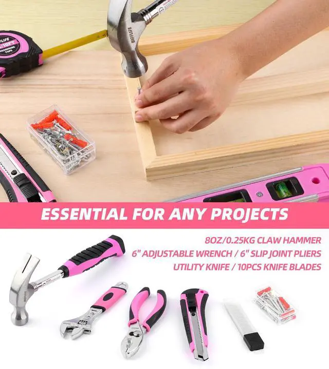 Alt view image 4 of 7 - Pink Tool Set -131 Piece Pink Tool sets for WomenGeneral Household Hand Tool Kit with Plastic Tool Box Storage Case(Pink)