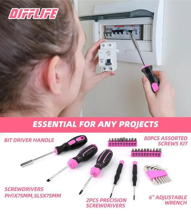 Alt view image 5 of 7 - Pink Tool Set -131 Piece Pink Tool sets for WomenGeneral Household Hand Tool Kit with Plastic Tool Box Storage Case(Pink)
