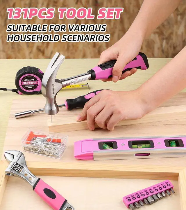 Alt view image 7 of 7 - Pink Tool Set -131 Piece Pink Tool sets for WomenGeneral Household Hand Tool Kit with Plastic Tool Box Storage Case(Pink)