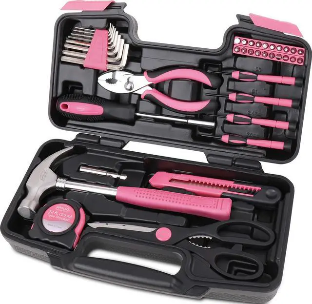 Main image of Tools Original 39 Piece General Household Tool Set in Toolbox Storage Case with Essential Hand Tools for Everyday Home Repairs, DIY and Crafts - Pink Ribbon - DT9706P