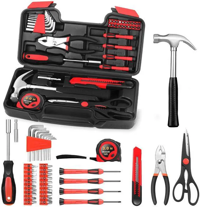 Main image of 39-Piece Household Tools Kit, Red Home Tool Set with Storage Case