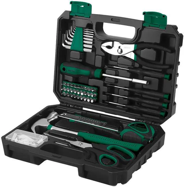 Main image of 50 Piece General Household Hand Tool Kit with Plastic Toolbox Storage Case, All Purpose Home Tool Kit Includes Essential Tools for Office College Repairs - Green