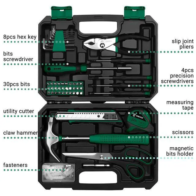 Alt view image 2 of 7 - 50 Piece General Household Hand Tool Kit with Plastic Toolbox Storage Case, All Purpose Home Tool Kit Includes Essential Tools for Office College Repairs - Green