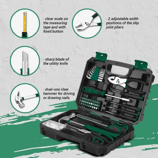 Alt view image 4 of 7 - 50 Piece General Household Hand Tool Kit with Plastic Toolbox Storage Case, All Purpose Home Tool Kit Includes Essential Tools for Office College Repairs - Green