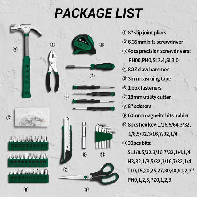 Alt view image 3 of 7 - 50 Piece General Household Hand Tool Kit with Plastic Toolbox Storage Case, All Purpose Home Tool Kit Includes Essential Tools for Office College Repairs - Green