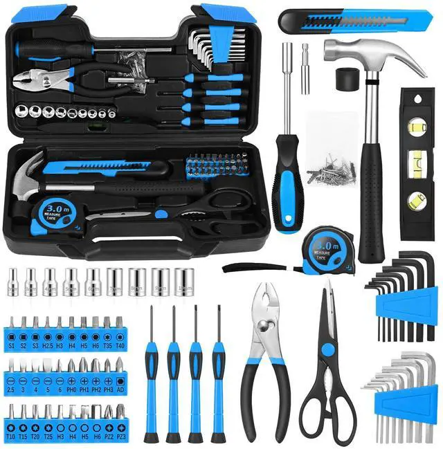 Main image of 144-Piece Blue Tool Kit for Home, Household Hand Set with Plastic Toolbox