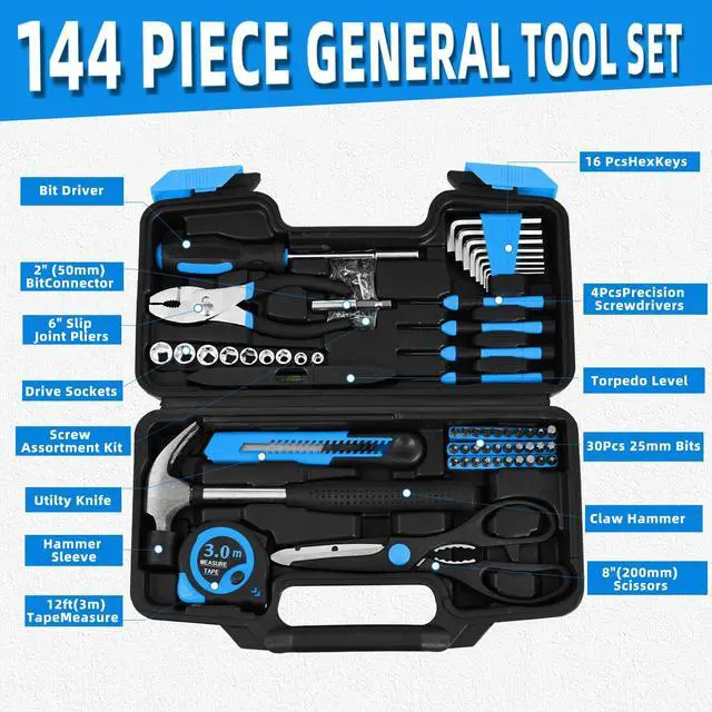 Alt view image 3 of 7 - 144-Piece Blue Tool Kit for Home, Household Hand Set with Plastic Toolbox