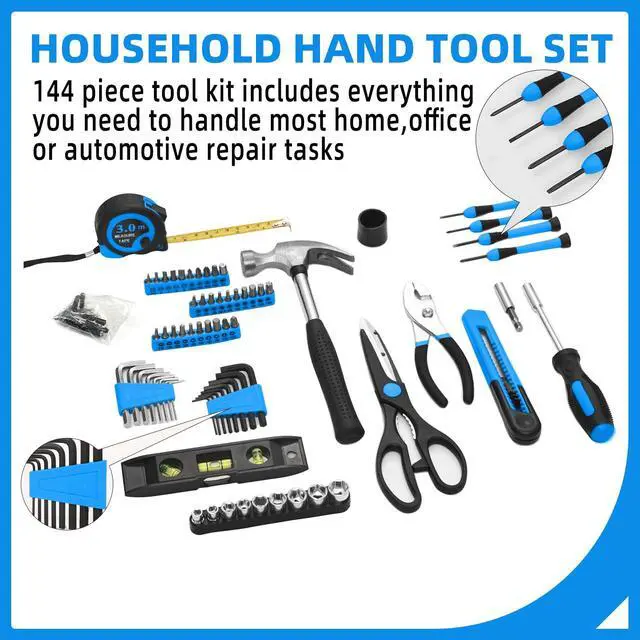 Alt view image 2 of 7 - 144-Piece Blue Tool Kit for Home, Household Hand Set with Plastic Toolbox