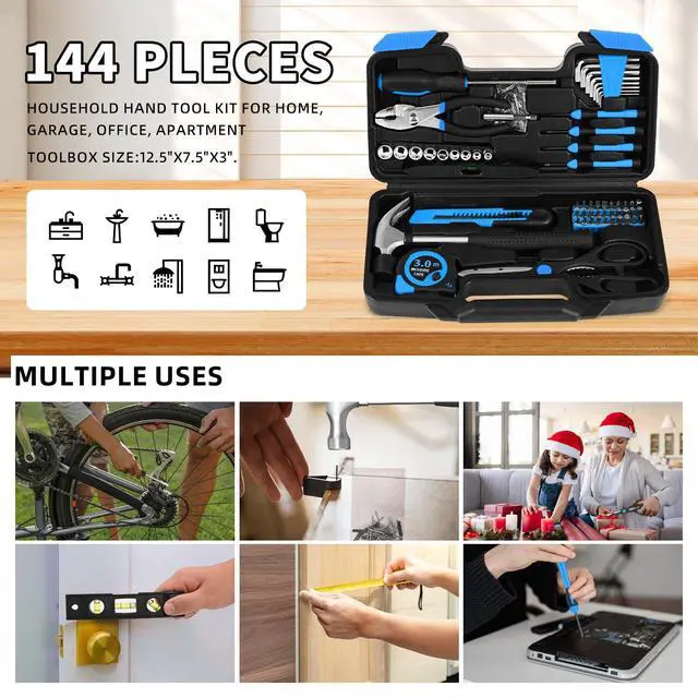 Alt view image 7 of 7 - 144-Piece Blue Tool Kit for Home, Household Hand Set with Plastic Toolbox