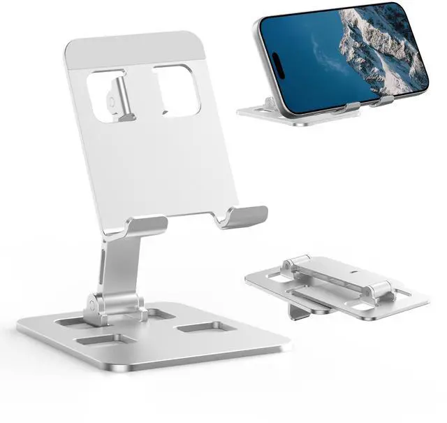 Main image of Portable Foldable Aluminum Cell Phone Stand Multi-Angle Adjustable Desk Mount with Soft Silicone Pads & Charging Cutout Universal Fit All Smartphones and Mini Tablets for Home Desk Use