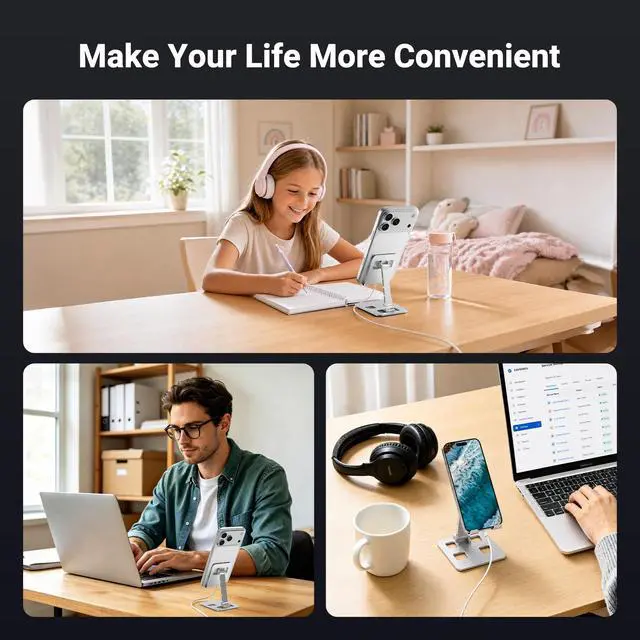 Alt view image 3 of 6 - Foldable Cell Phone Stand for Desk, Multi-Angle Adjustable Aluminum Holder Anti-Skid Protection, Pocket Size Travel Dock Compatible with 4-10 Inch Phones Tablets for Online Class Movie Watching