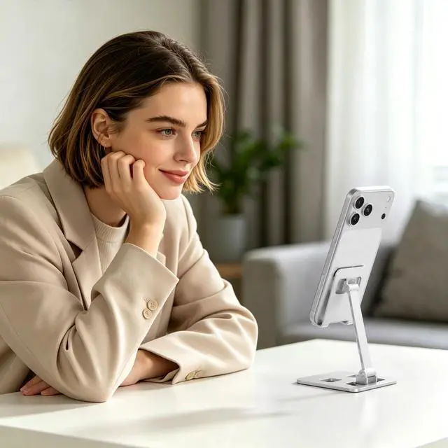 Alt view image 5 of 6 - Foldable Cell Phone Stand for Desk, Multi-Angle Adjustable Aluminum Holder Anti-Skid Protection, Pocket Size Travel Dock Compatible with 4-10 Inch Phones Tablets for Online Class Movie Watching
