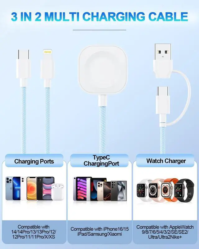 Alt view image 2 of 7 - Apple Watch Charger Cable 6FT 3 in1Multi Charging Cable for iwatch iPhone Nylon Braided USB A/C to Lightning Type C Multi Charger Cord Long iWatch Magnetic Wireless Charger- Travel Essentials