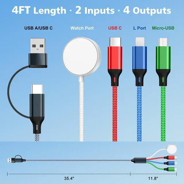 Alt view image 4 of 7 - 4 in 1 Multi Charging Cable for Apple Watch Charger, USB A & USB C Input