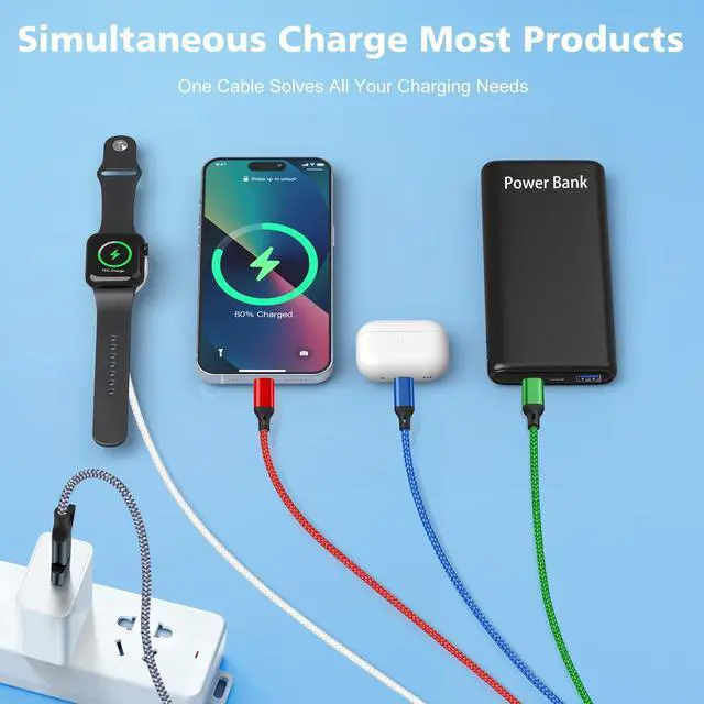 Alt view image 7 of 7 - 4 in 1 Multi Charging Cable for Apple Watch Charger, USB A & USB C Input