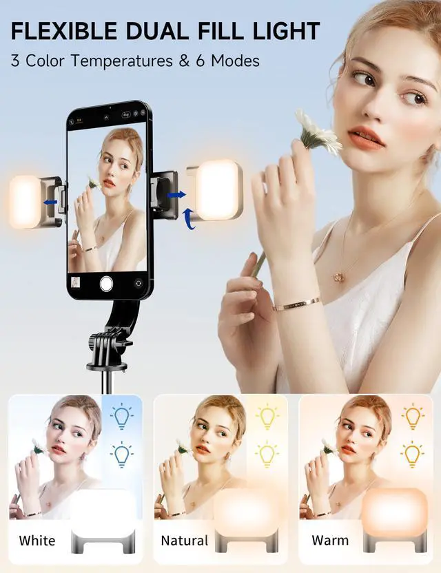 Alt view image 2 of 7 - 45" Selfie Stick Tripod with 2 Lights, Extendable 5 in 1 Selfie Stick Phone Tripod, Portable Selfie Sticks with Wireless Remote Compatible with iPhone 15/14/13 Pro Max, Samsung, Android, Gopro