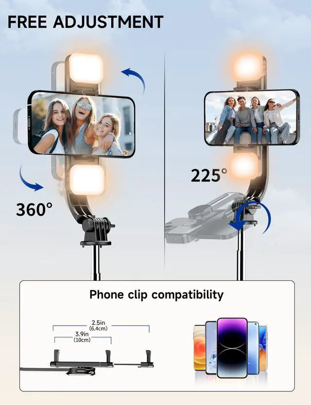 Alt view image 6 of 7 - 45" Selfie Stick Tripod with 2 Lights, Extendable 5 in 1 Selfie Stick Phone Tripod, Portable Selfie Sticks with Wireless Remote Compatible with iPhone 15/14/13 Pro Max, Samsung, Android, Gopro