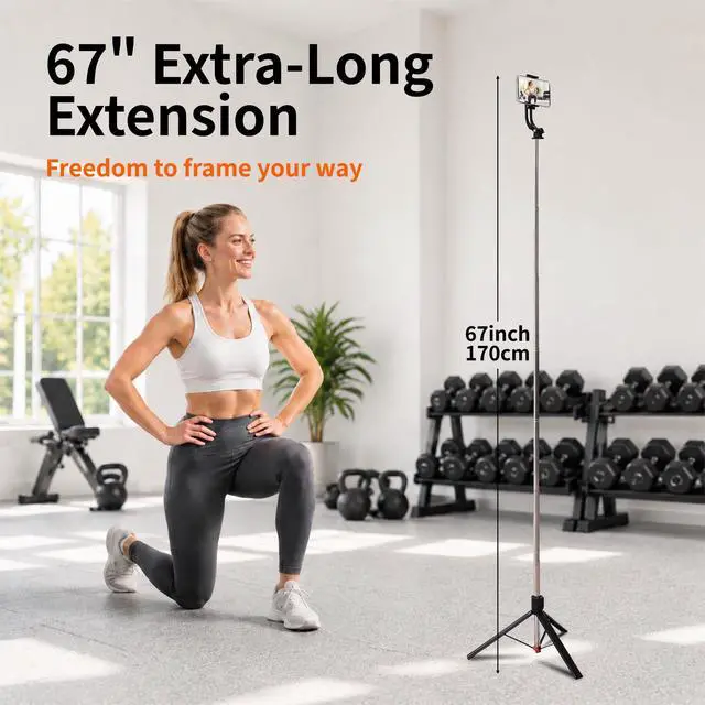 Alt view image 3 of 7 - 67" Phone Tripod Selfie Stick for iPhone & Android with Wireless Remote