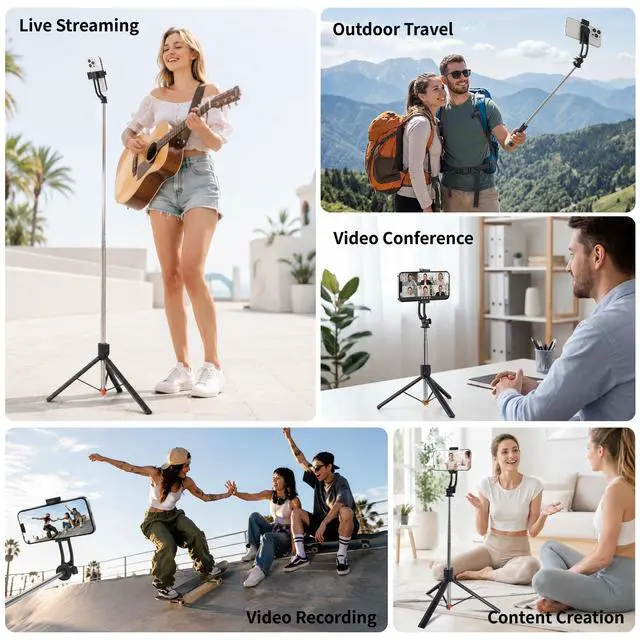Alt view image 5 of 7 - 67" Phone Tripod Selfie Stick for iPhone & Android with Wireless Remote