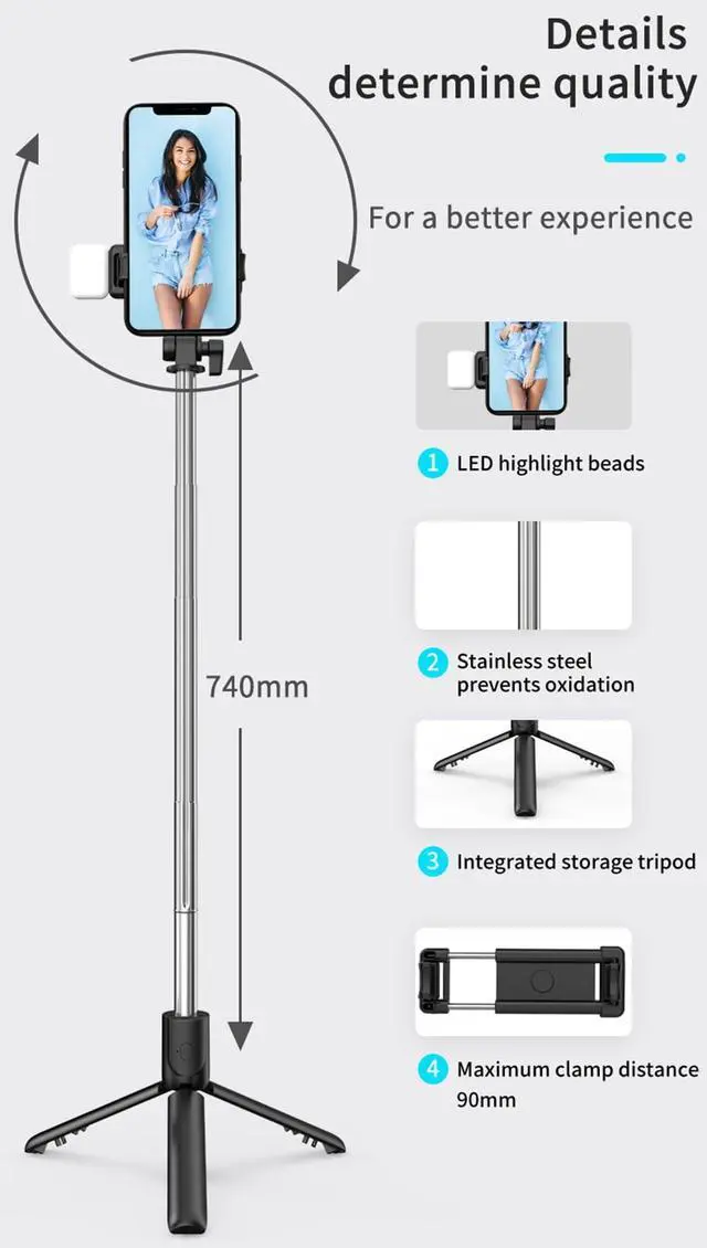 Alt view image 3 of 7 - Selfie Stick Tripod with Light,3 in 1 Extendable Selfie Stick with Wireless Remote,Portable Phone Tripod Stand Compatible with iPhone 16 15 14,Samsung Smartphone and More