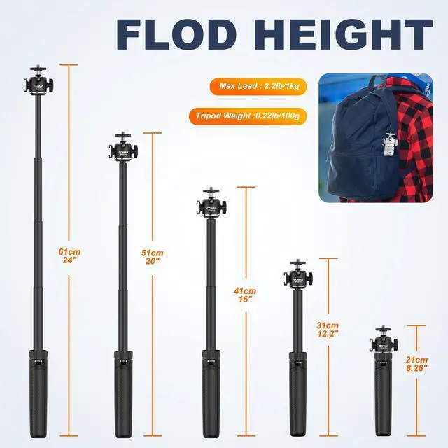 Alt view image 2 of 7 - Selfie Stick for iPhone, 24" Phone Tripod with Remote 360° Ball Head, Portable Stand for Cell Phone iPhone 17/16/15/14/13/12 Pro Max/Android Gopro