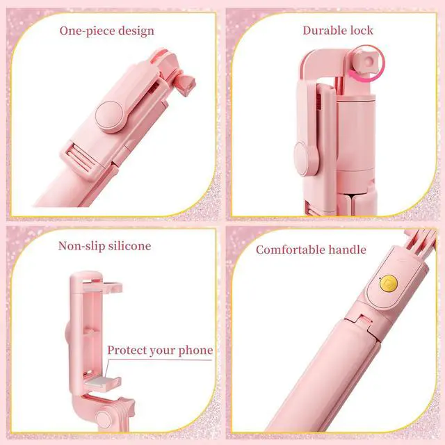 Alt view image 2 of 7 - Pink Selfie Stick Tripod, with Wireless Remote Control, Live Streaming and Video Recording, Compatible with Android, iPhone and More