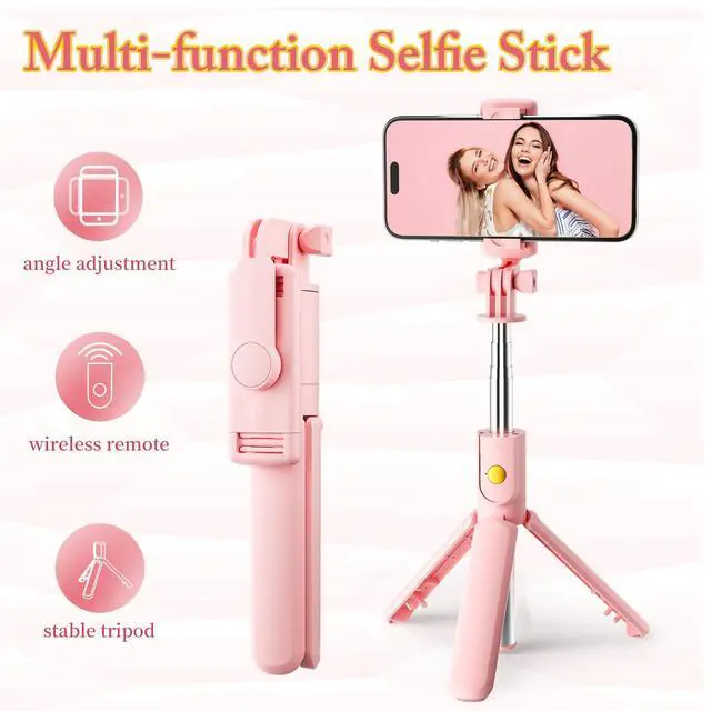 Alt view image 5 of 7 - Pink Selfie Stick Tripod, with Wireless Remote Control, Live Streaming and Video Recording, Compatible with Android, iPhone and More