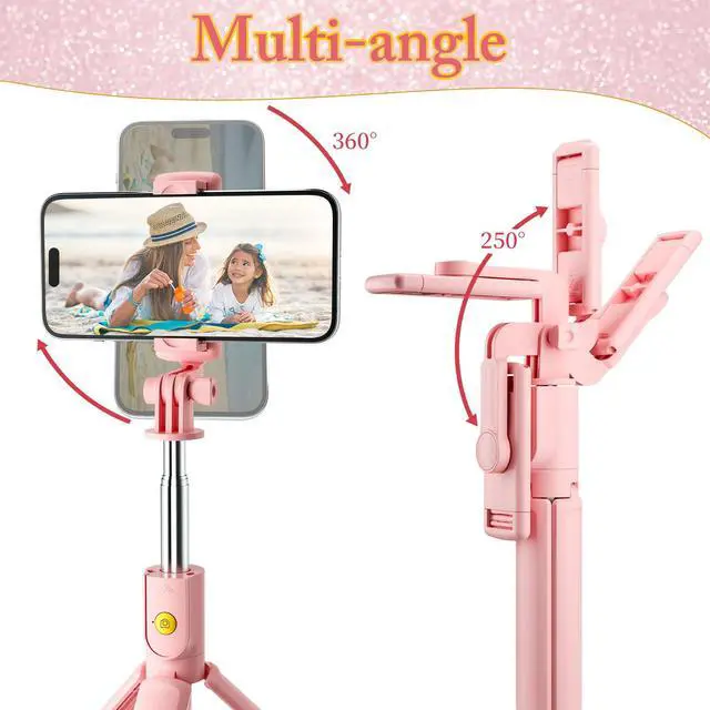 Alt view image 3 of 7 - Pink Selfie Stick Tripod, with Wireless Remote Control, Live Streaming and Video Recording, Compatible with Android, iPhone and More