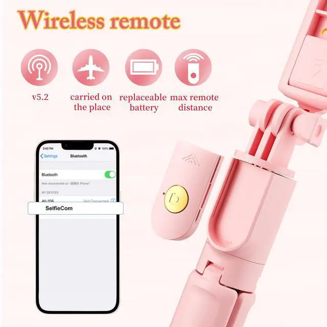 Alt view image 6 of 7 - Pink Selfie Stick Tripod, with Wireless Remote Control, Live Streaming and Video Recording, Compatible with Android, iPhone and More