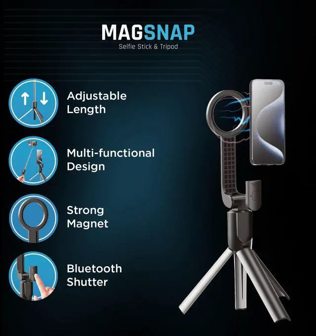 Alt view image 2 of 7 - Magnetic Selfie Stick Tripod with Remote Adjustable up to 26", Strong Upgraded Magnet + Bluetooth Remote| Selfie Stick for iPhone 12 and Newer Travel-Friendly, Great for Video Recording