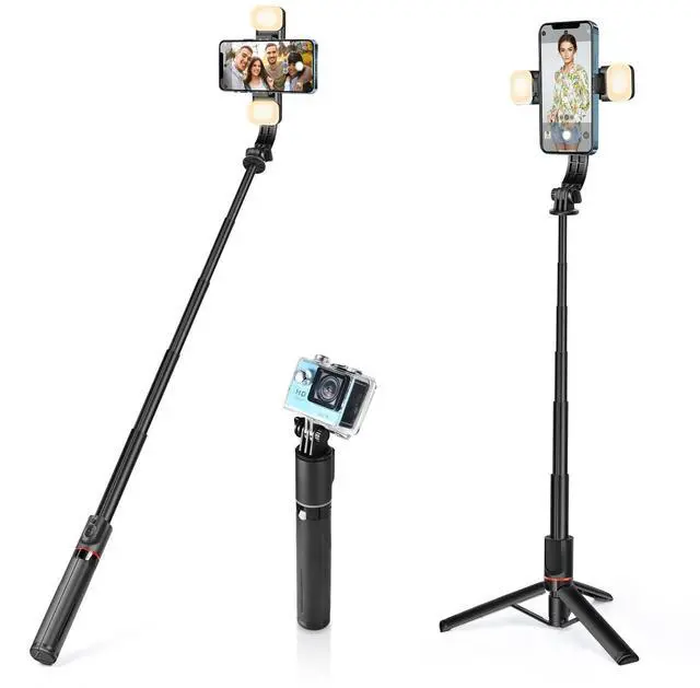 Main image of Phone Tripod & Selfie Stick with Light, Support 360° Rotation, Black