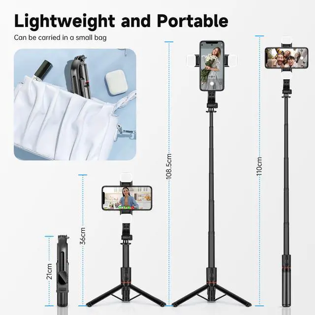 Alt view image 5 of 7 - Phone Tripod & Selfie Stick with Light, Support 360° Rotation, Black