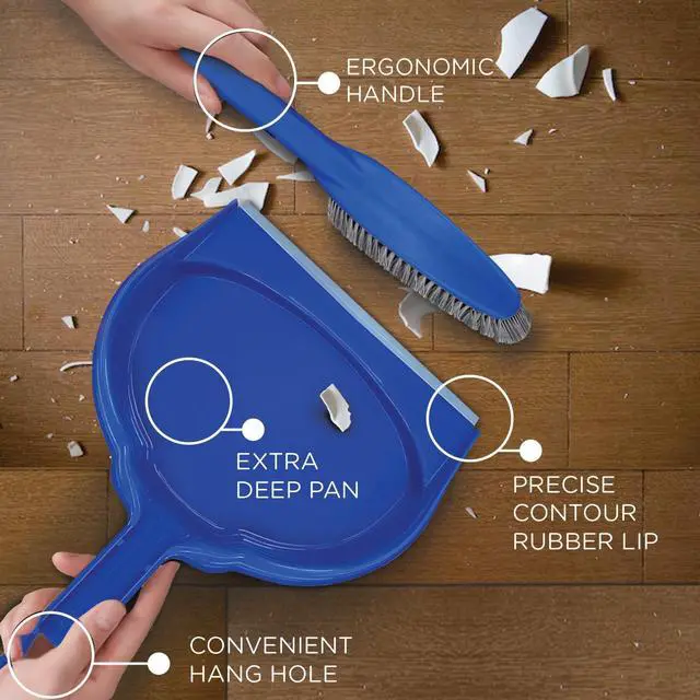 Alt view image 3 of 4 - Clip On Dust Pan & Brush Set, w/Easy Dust, Dirt & Debris Catching Rubber Lip, Flagged Fiber Bristled Brush, Hang Hole for Easy Storage