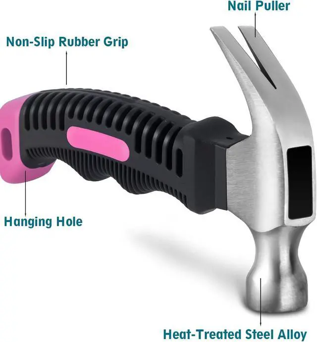 Alt view image 3 of 7 - 8 oz Small Claw Hammer - Mini Hammer for Women&Kids - Little Hammer for Household Projects, Woodworking & DIY Tasks - Pink