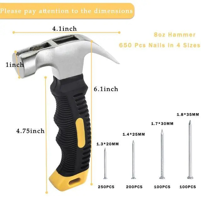 Alt view image 2 of 7 - Nail Assortment Kit and 8oz Small Claw Hammer, 650 Pcs Small Nails, Picture Hanging Nails, Black, 0.671 kg